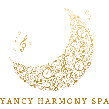 The logo for yancy harmony spa is a crescent moon made of music notes.