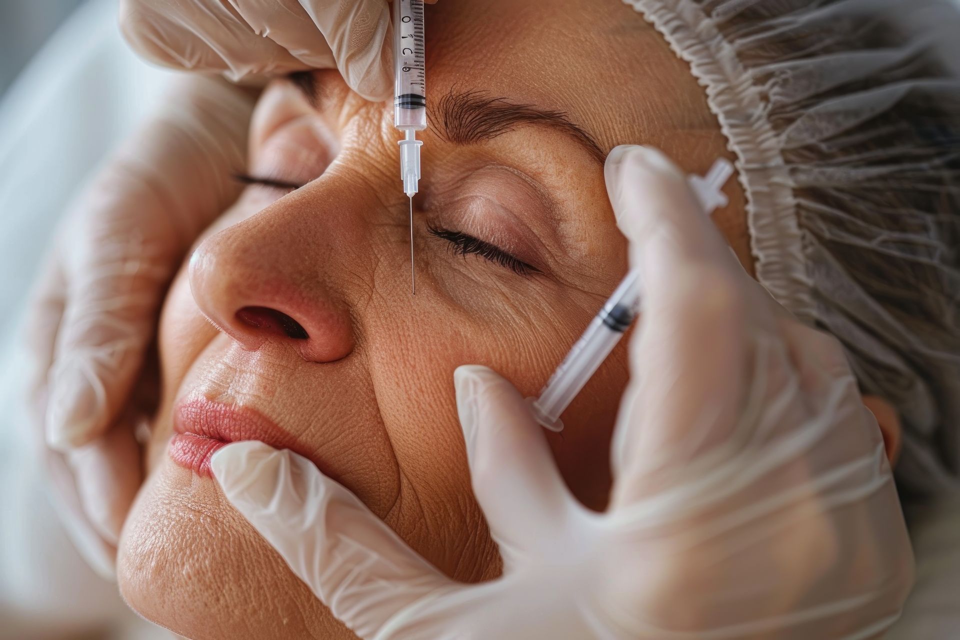 A woman is getting a botox injection in her forehead.