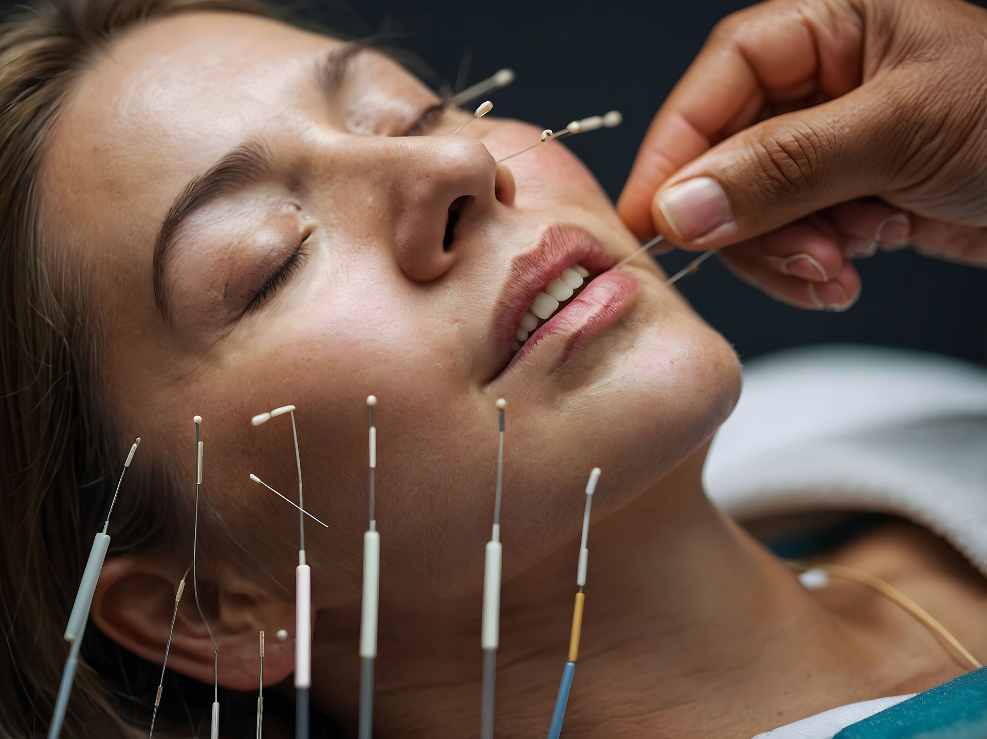 A woman is getting acupuncture on her face.