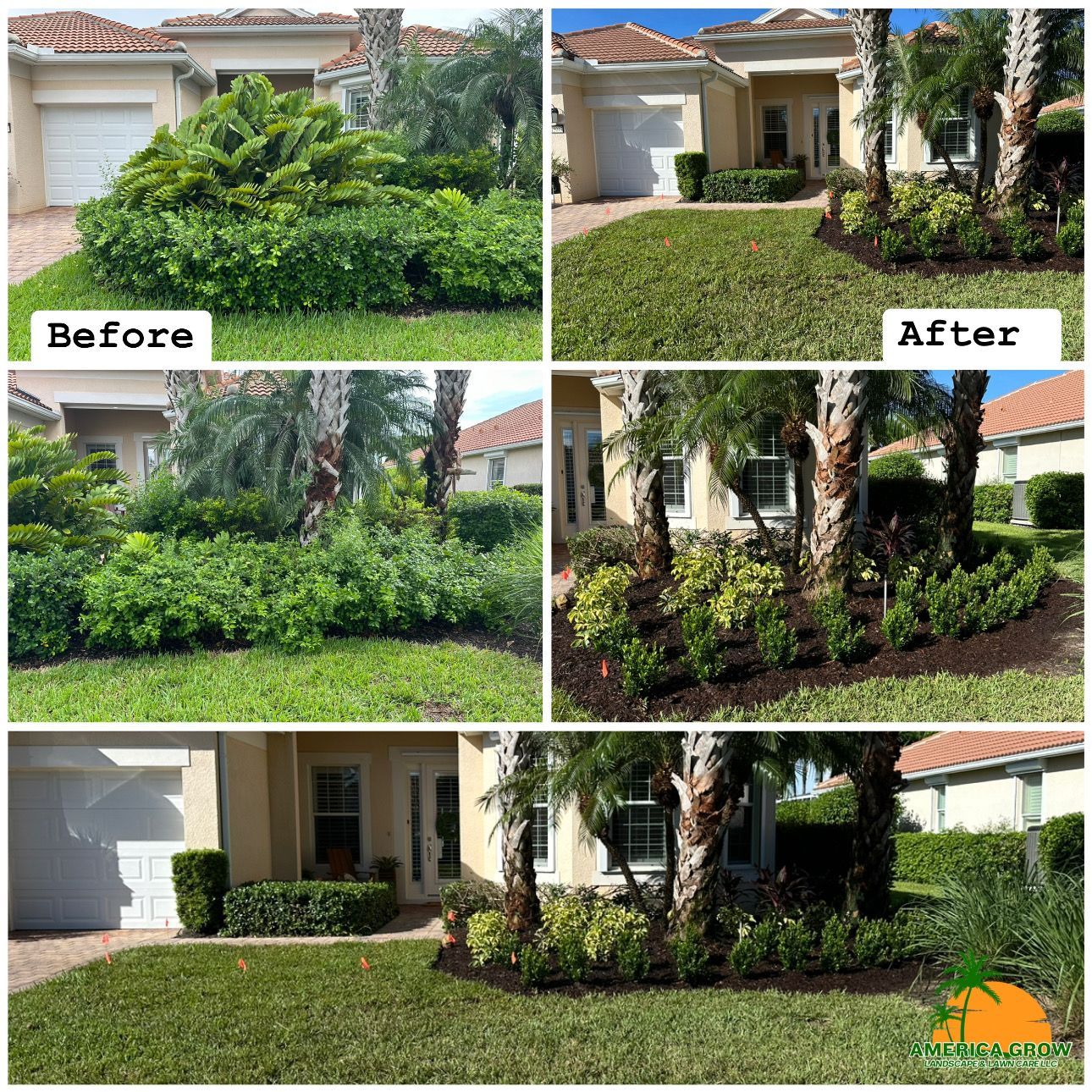 Before and after images showing a completed landscaping project, highlighting significant improvements.