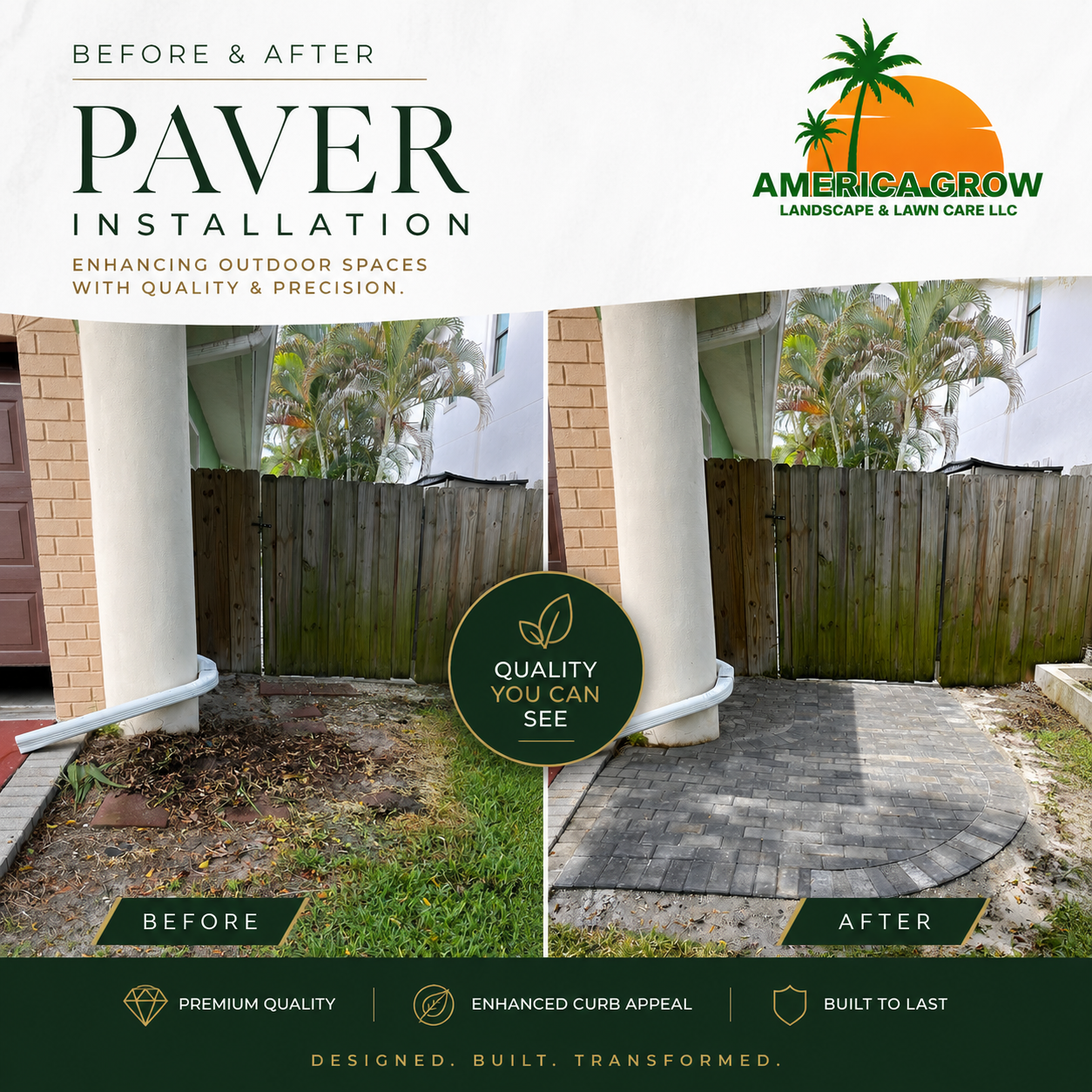 Before-and-after of paver installation around a patio, showing improved landscaping and a wooden fence backdrop