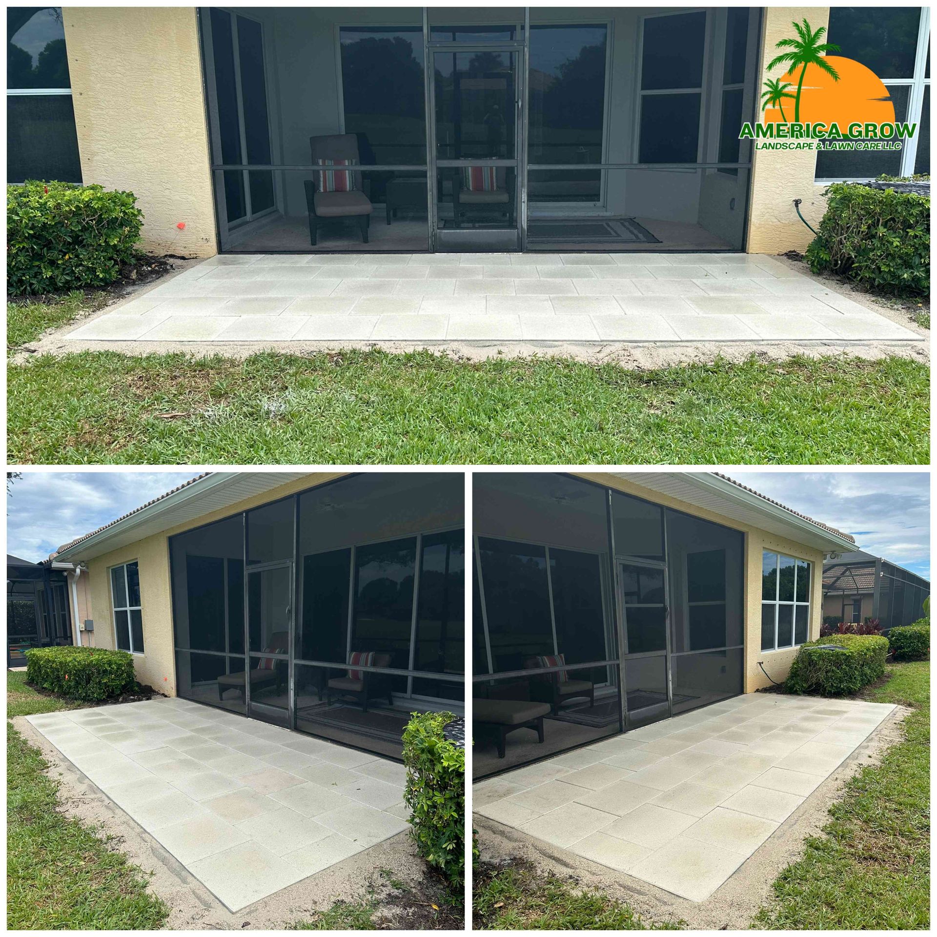 A concrete patio outside a screened-in porch, surrounded by grass and bushes.