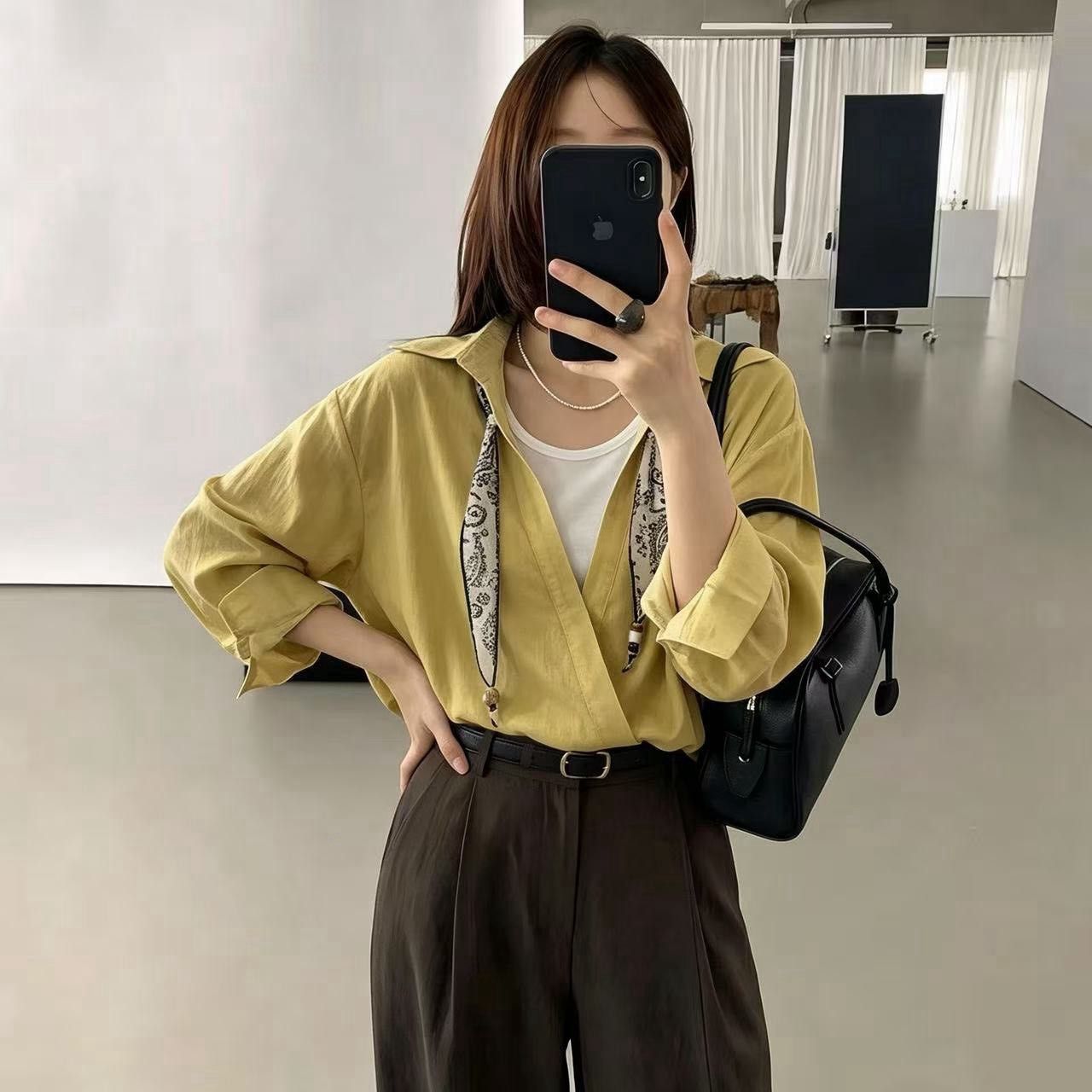 交叉領假2件絲巾襯衫