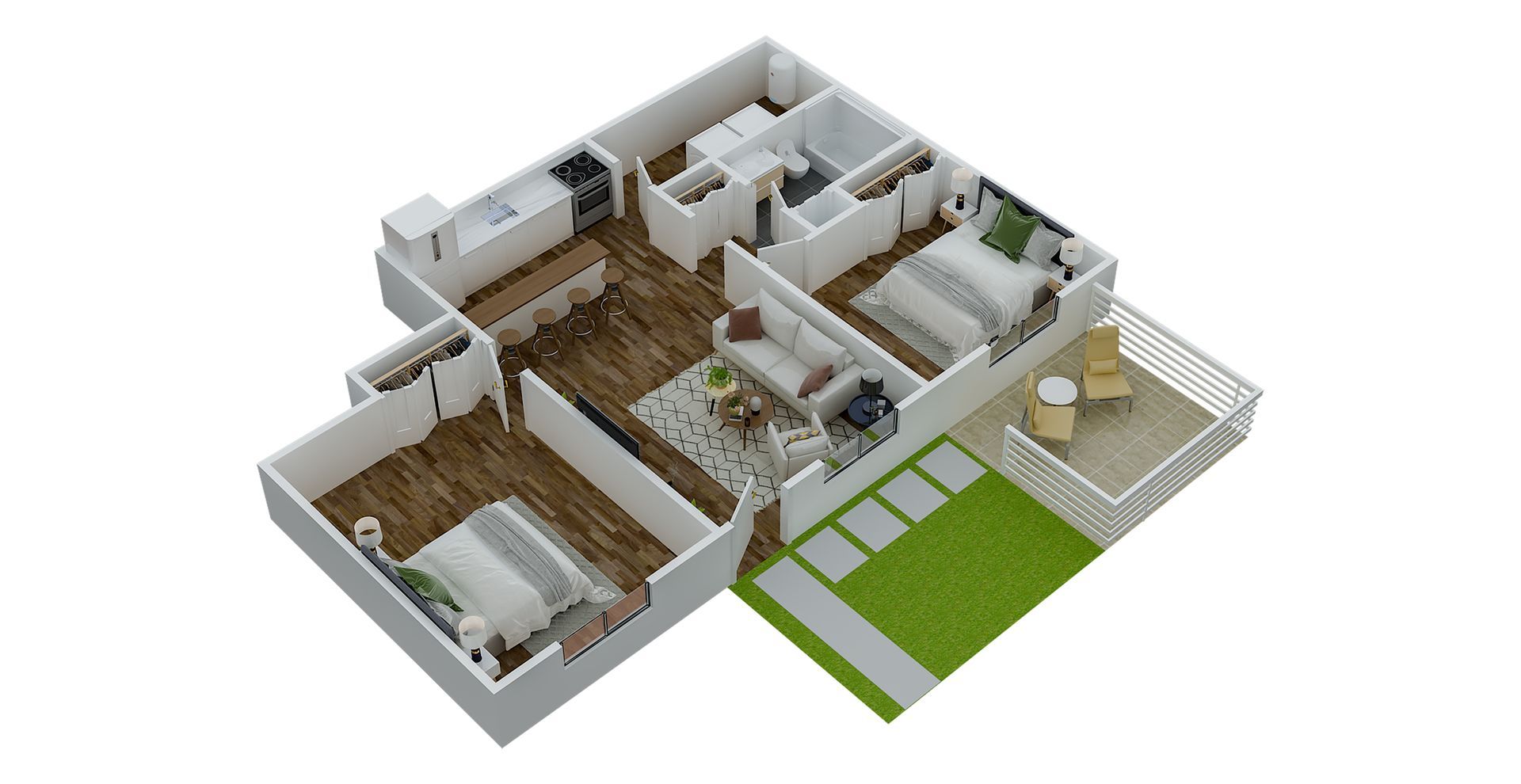 3D floor plan of a two-bedroom apartment with a balcony and outdoor area.