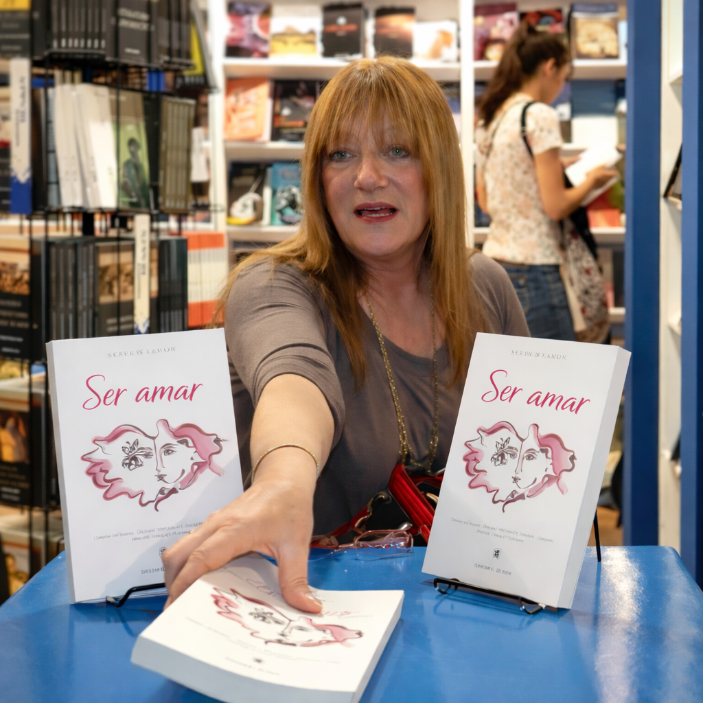 Mujer firmando libros de