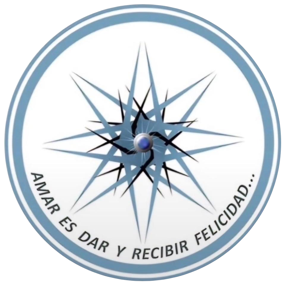 Blue and white circular logo with a starburst design and the words 
