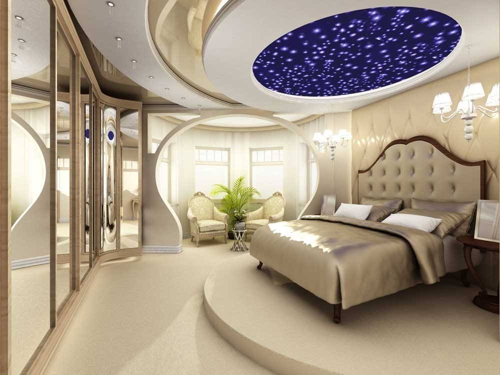 Elegant cream bedroom with a tufted bed, mirrored walls, and a starry blue ceiling light