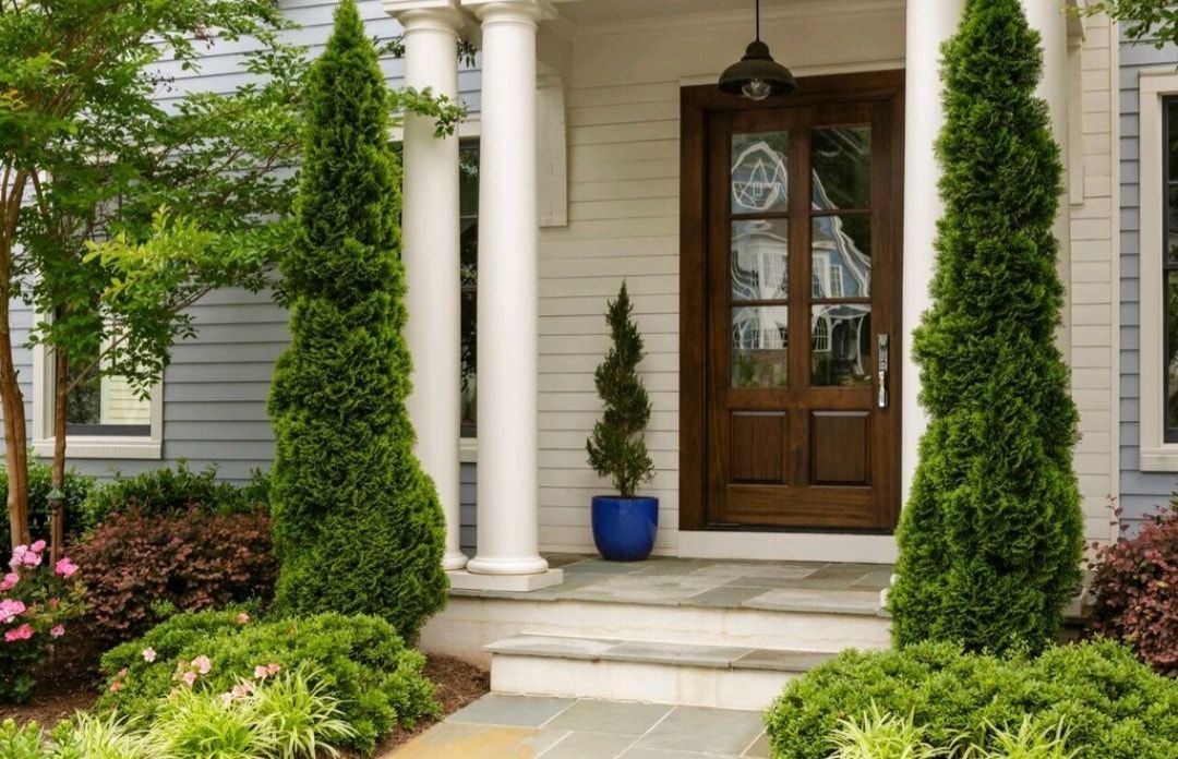 Front porch with white columns, wooden door, and neatly trimmed green shrubs and flowers.