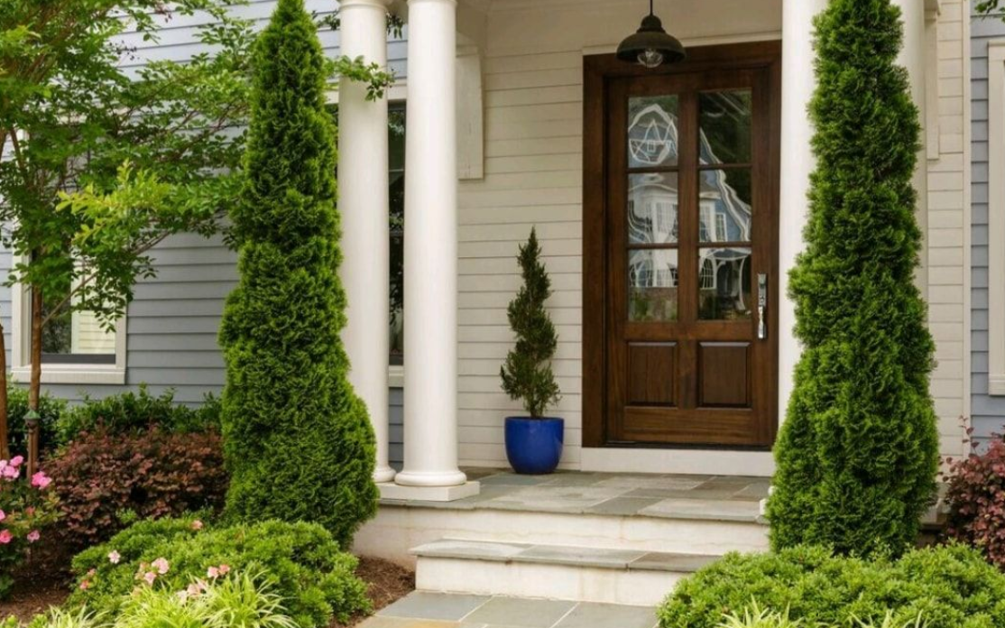 Front porch with white columns, wooden door, potted plant, and manicured shrubs