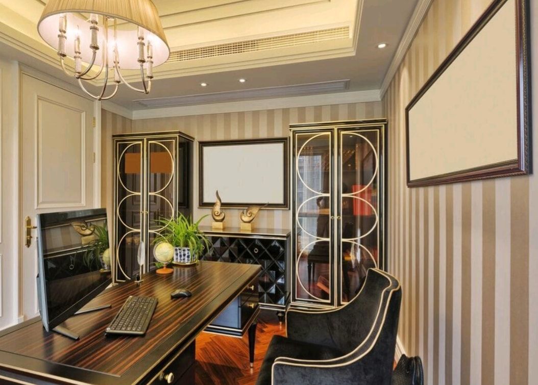Elegant home office with striped wallpaper, black chairs, desk, chandelier, and decorative cabinets