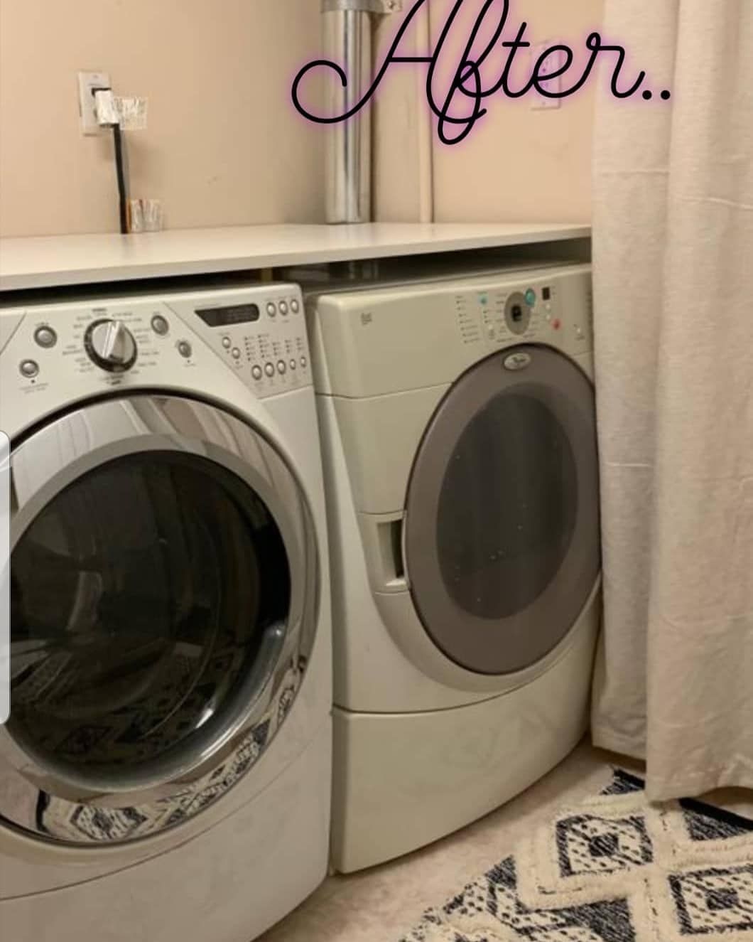 Two front-loading appliances in a laundry nook, with “After..” text above and a patterned rug below.
