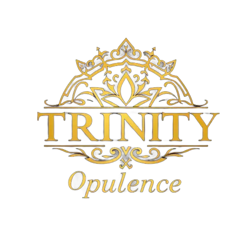 Gold ornate Trinity Opulence logo with decorative crown and flourishes on white background