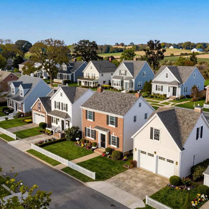 Aerial view of a suburban neighborhood with rows of white and brick houses along a quiet street.