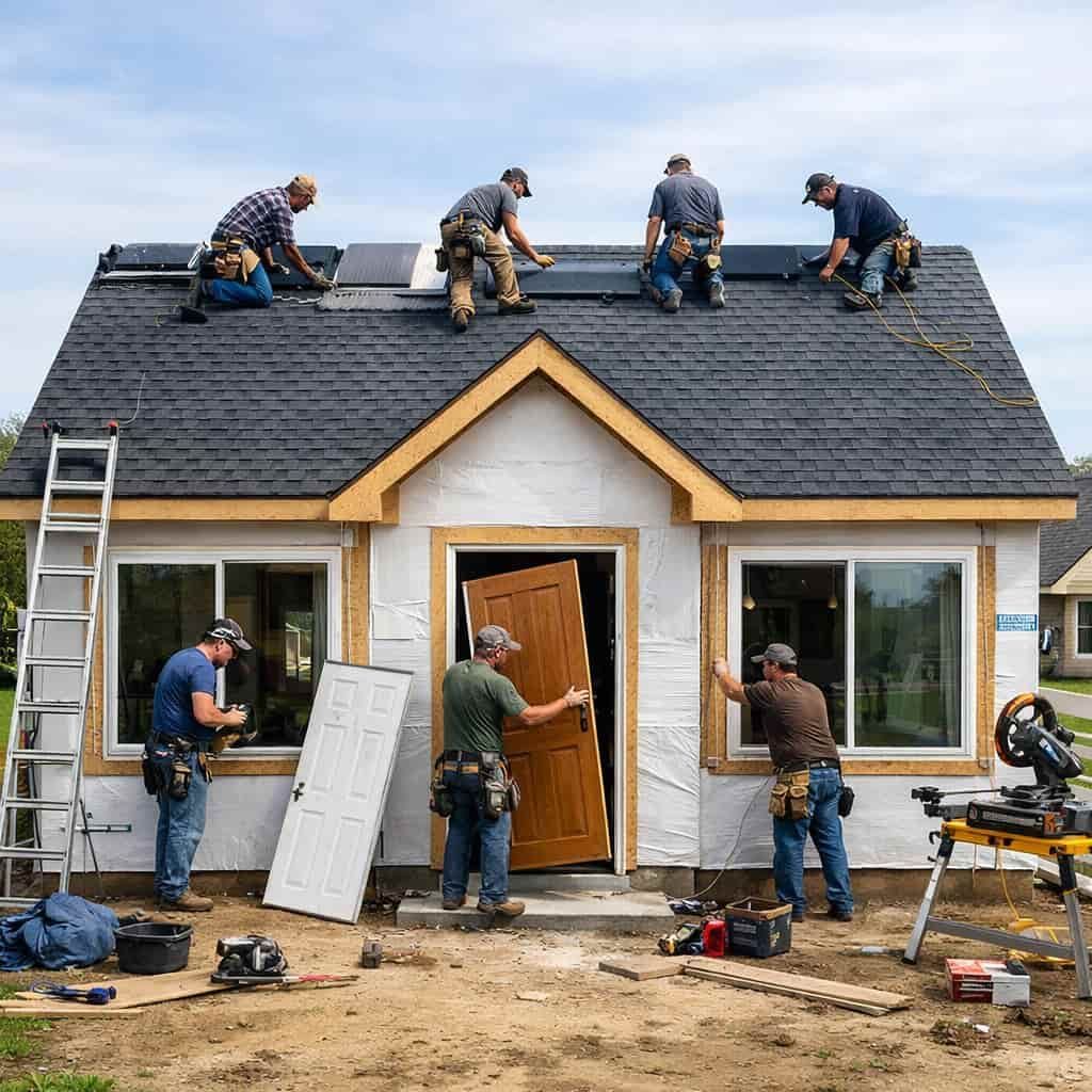 Roofers and workers install siding on a small house during exterior renovation.