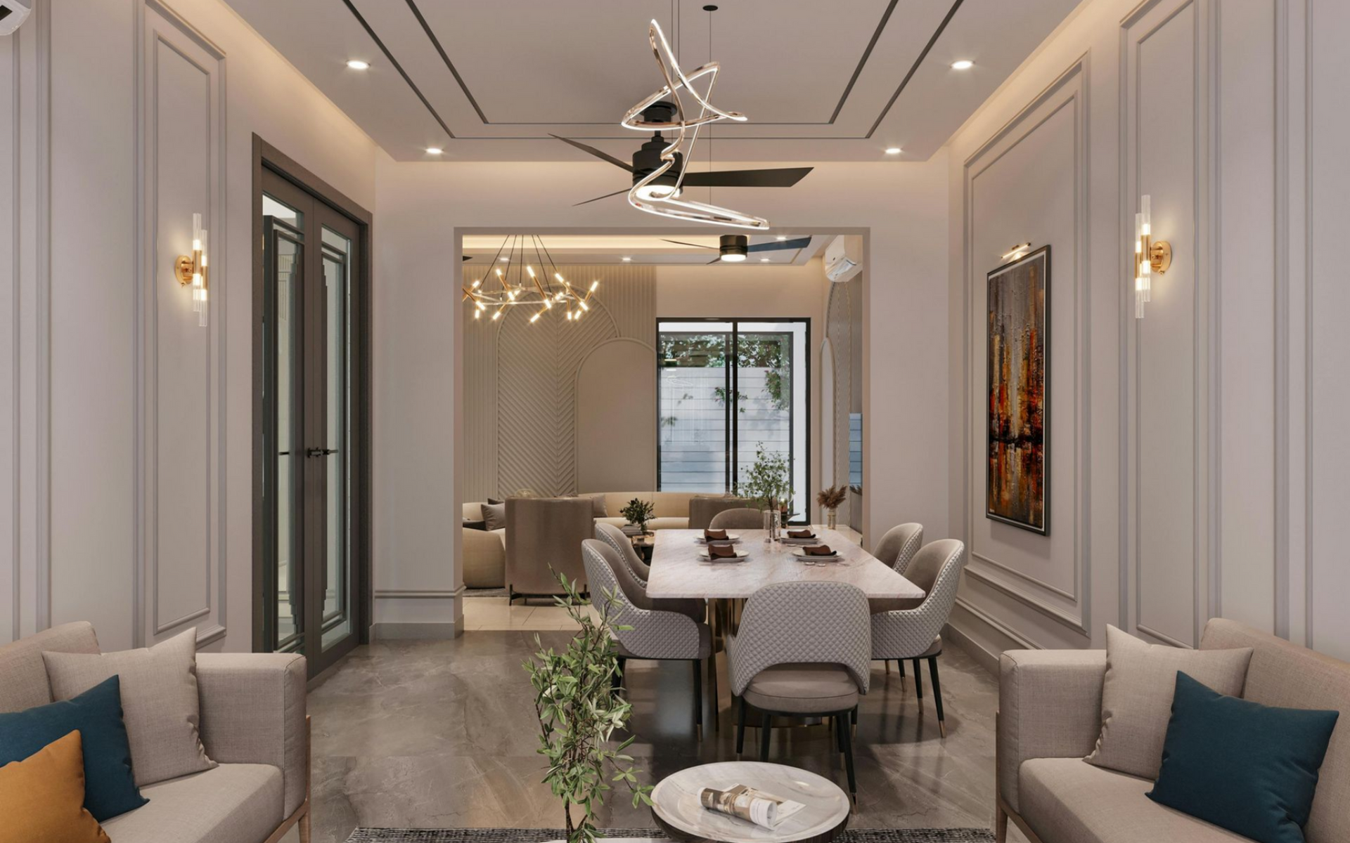 Elegant beige dining room with chandeliers, large dining table, and sliding glass doors.