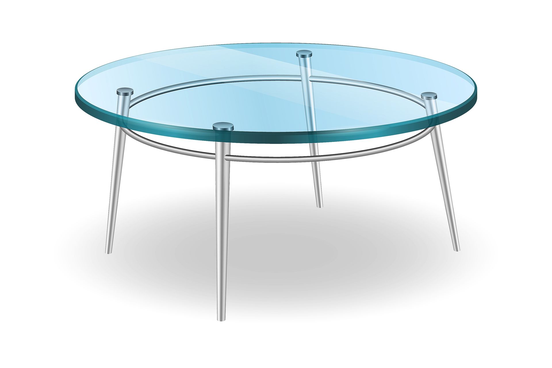 Glass-top round table with silver metal legs on a white background