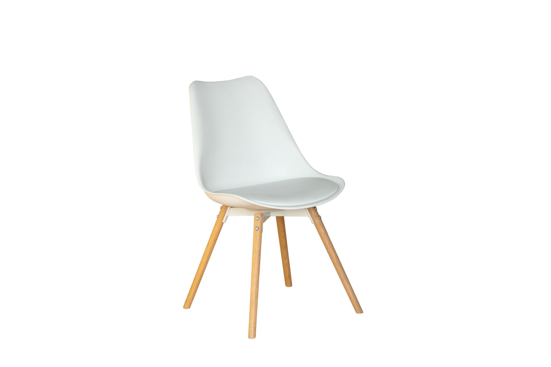 Light gray upholstered chair with wooden legs on a white background