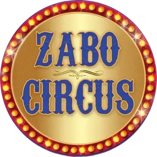ZABO CIRCUS text on a gold circular sign with red marquee lights and blue lettering