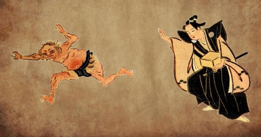 A stylized illustration of a person in traditional clothing gesturing towards a fleeing, nude figure.