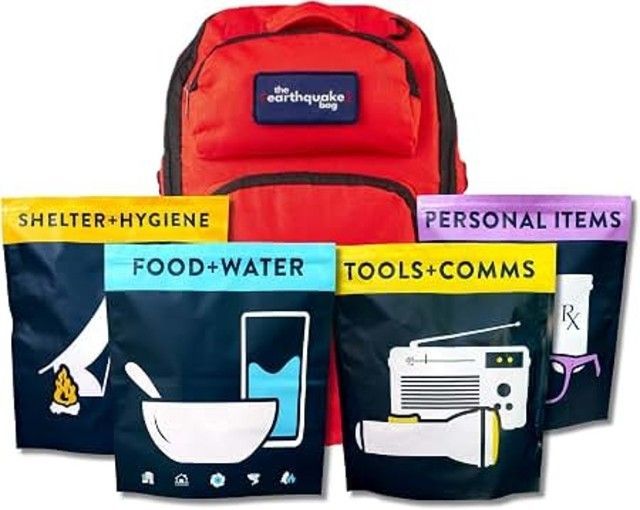 Red emergency backpack with labeled pockets for shelter, hygiene, food, water, tools, and personal items.