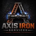 Axis Iron Services logo with metal crane, sparks, and welding/fabrication text on a dark background