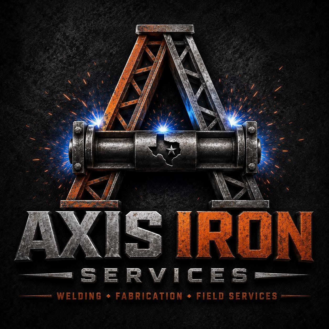 Axis Iron Services logo with metal crane, sparks, and welding/fabrication text on a dark background