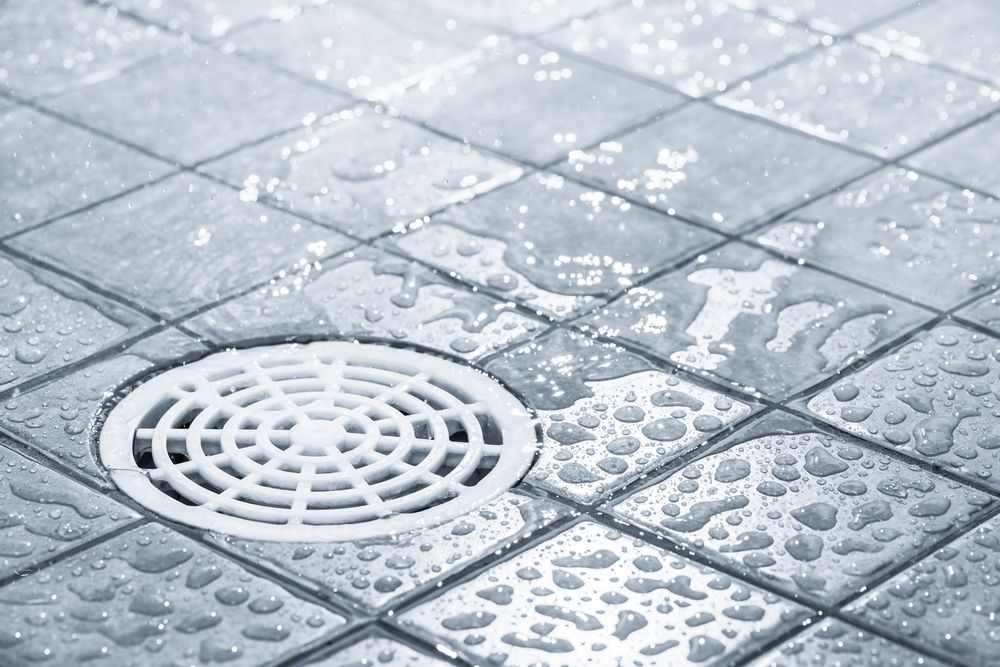 White Floor Drain in a Tiled Shower Floor With Water Droplets — Waves Plumbing in Gosford, NSW