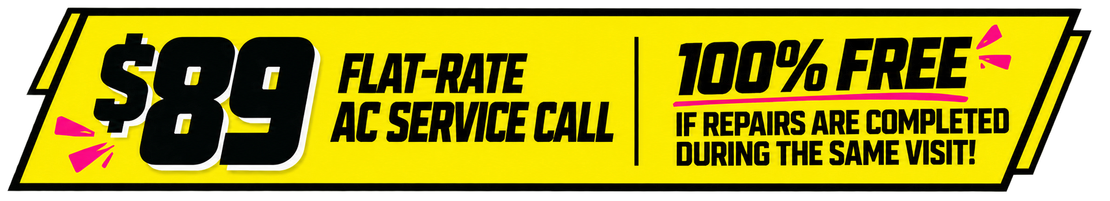Yellow ad banner offering $89 flat-rate AC service call and 100% free repairs completed during the same visit.