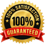 Gold 100% satisfaction guarantee badge with red ribbon and black center text