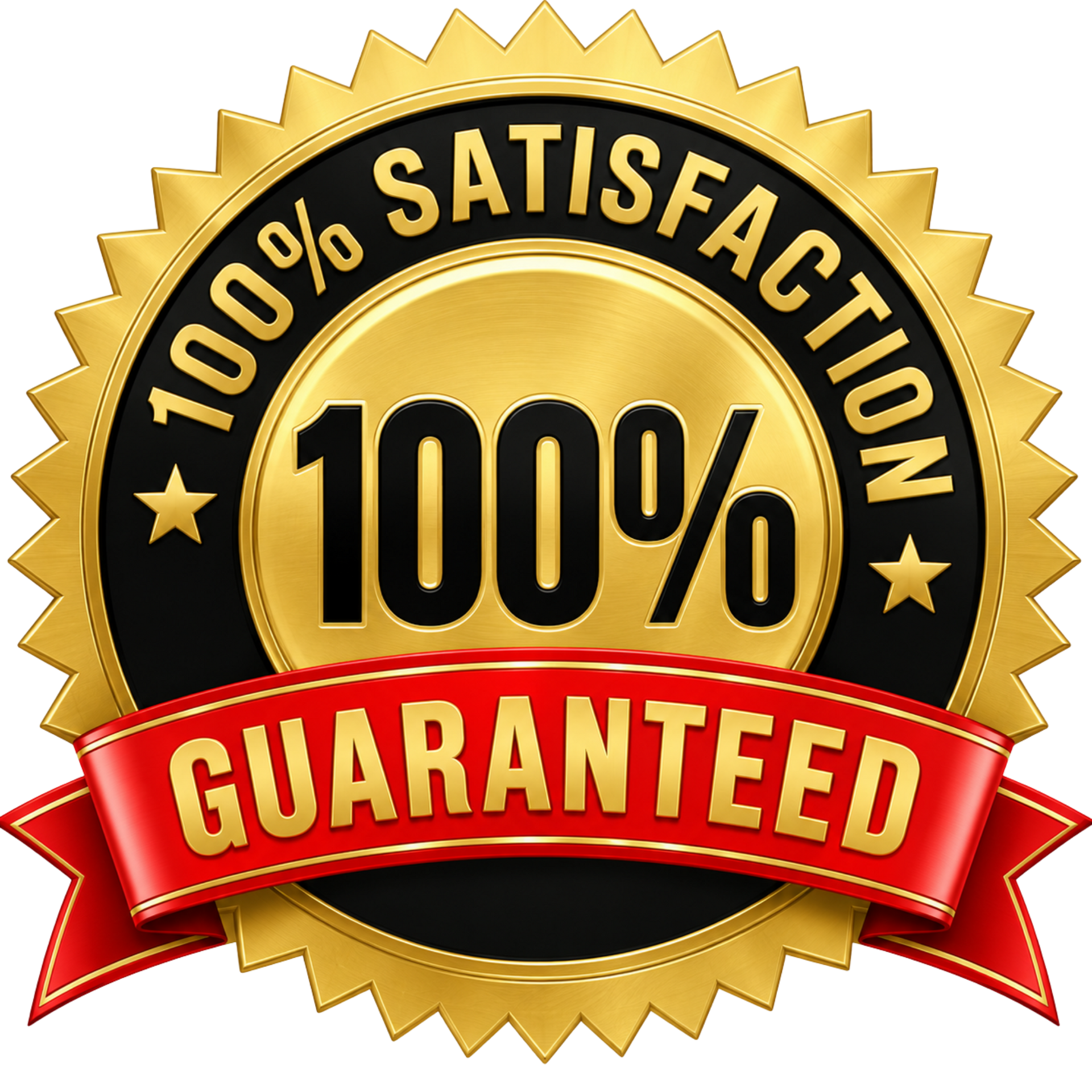 Gold 100% satisfaction guaranteed seal with red ribbon and black center