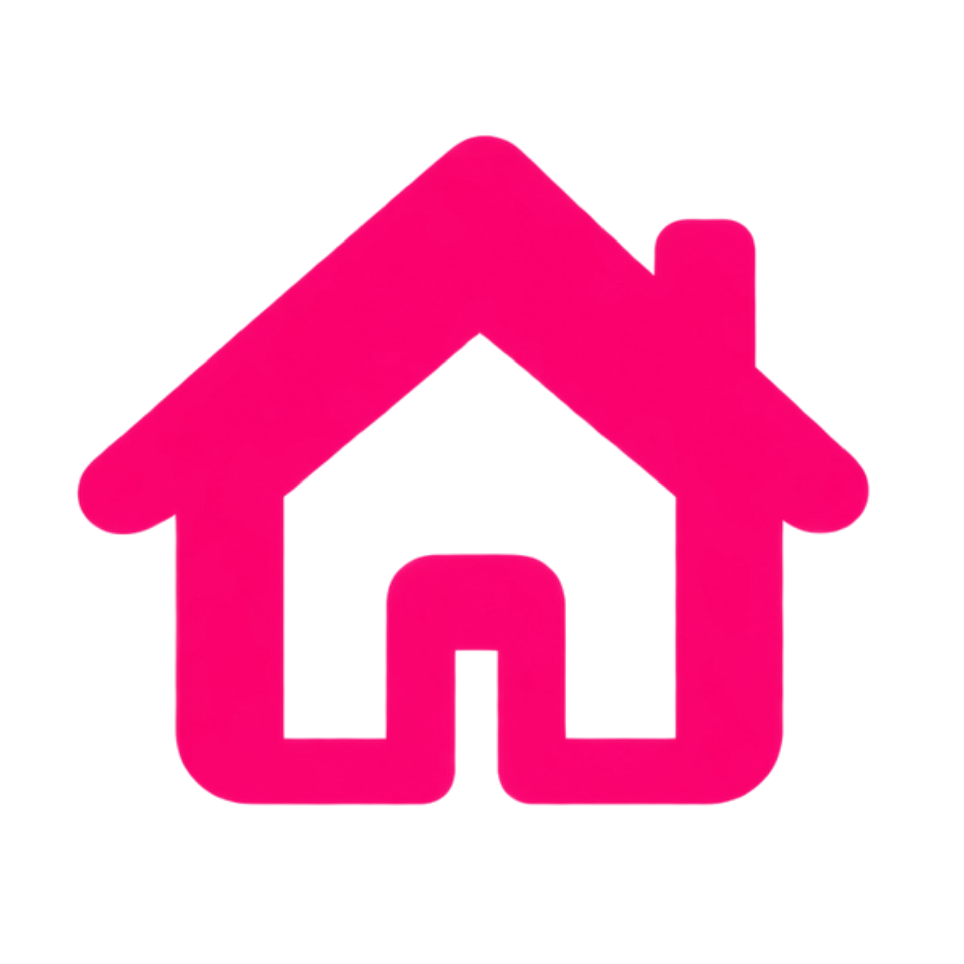 Pink house icon with a roof, chimney, and front door