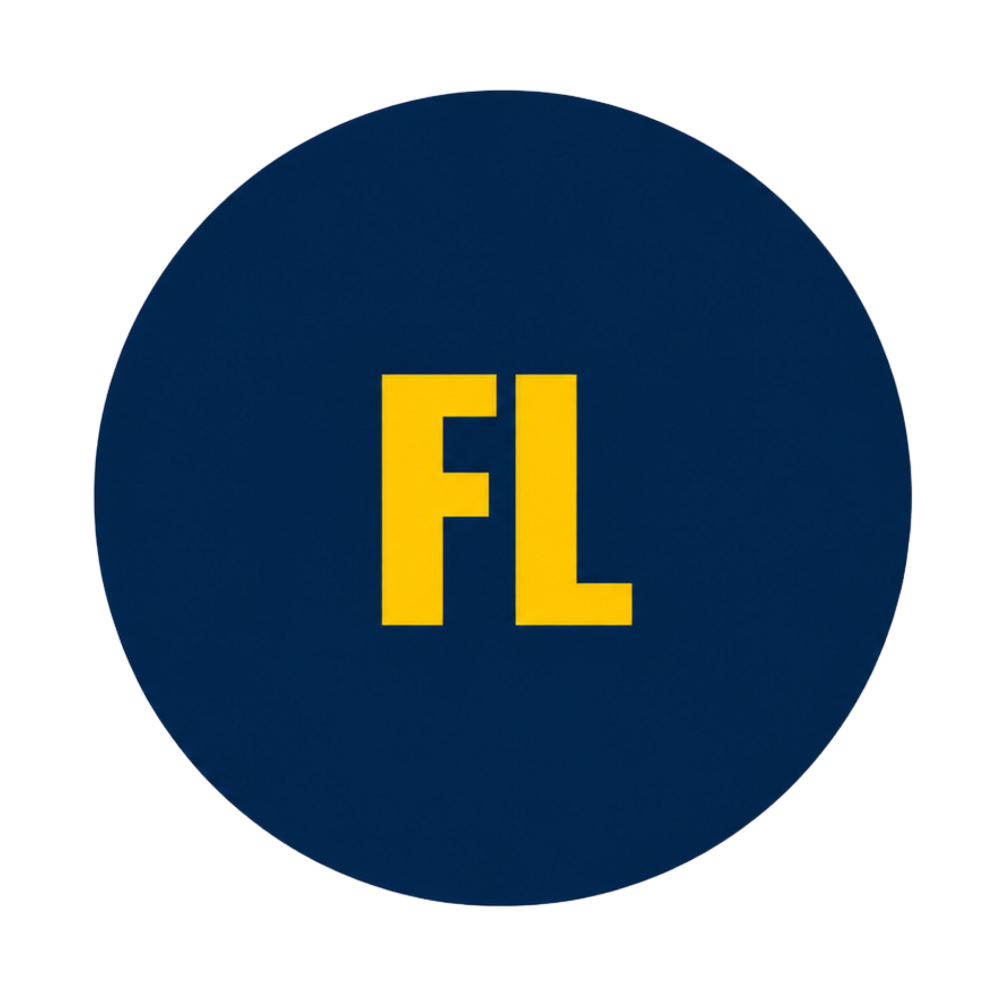 Yellow “FL” letters on a dark blue circle icon