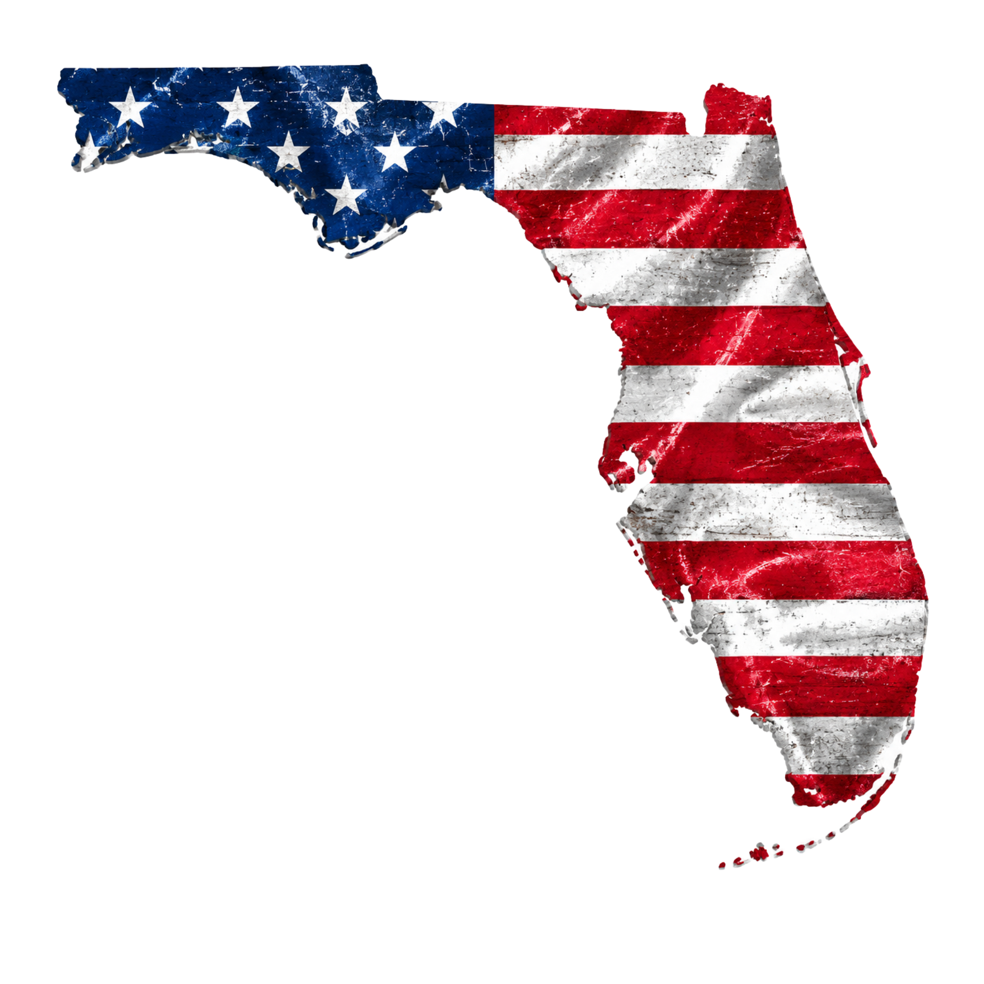 Florida state outline filled with distressed American flag colors and stars
