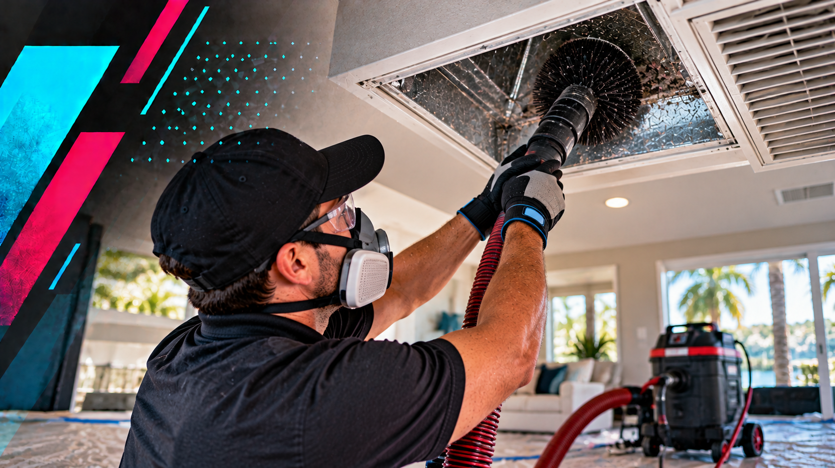 Technician cleaning a ceiling vent with a vacuum hose in a home interior