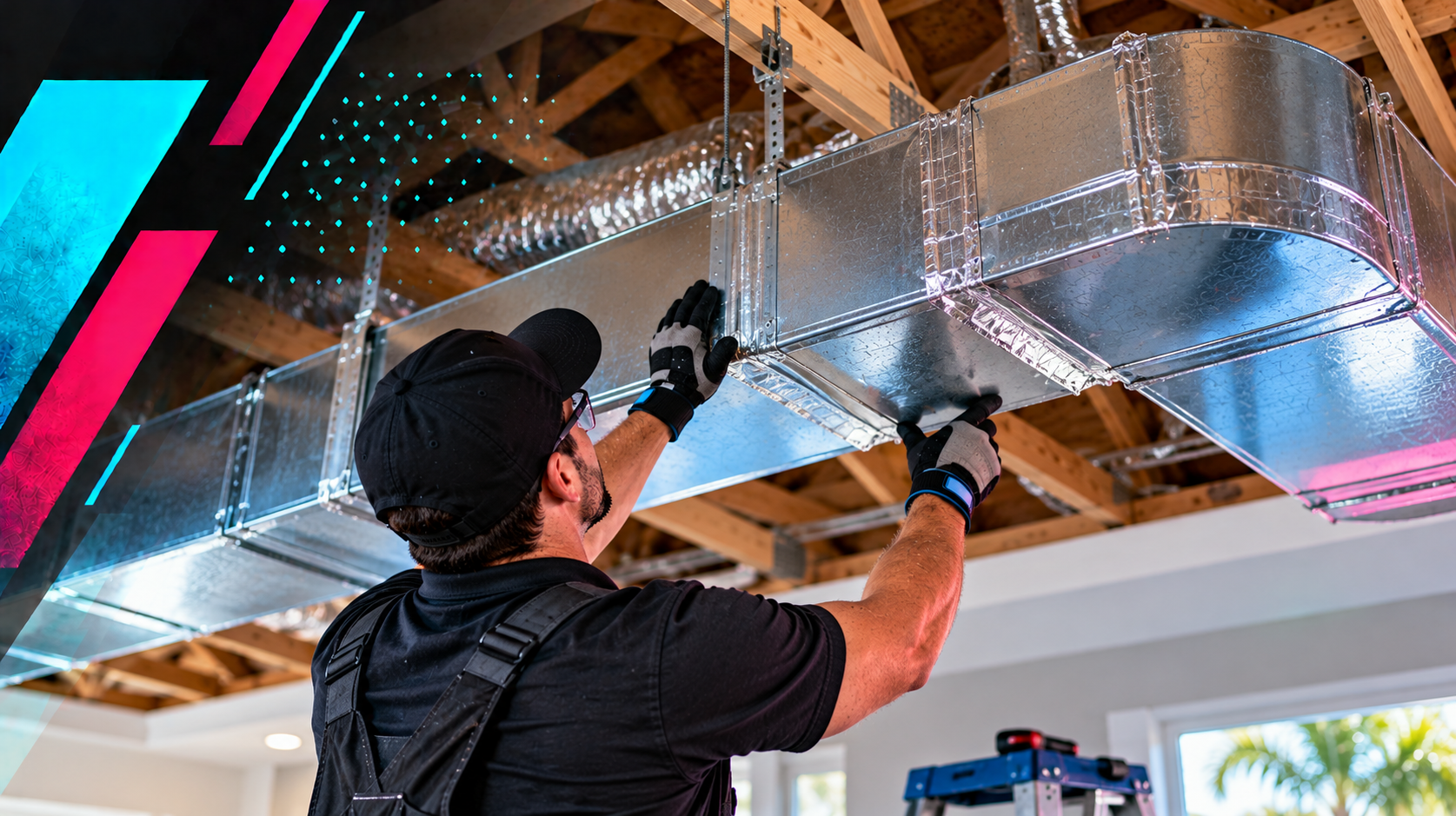 Worker inspecting shiny HVAC ductwork in a ceiling with a flashlight and gloves