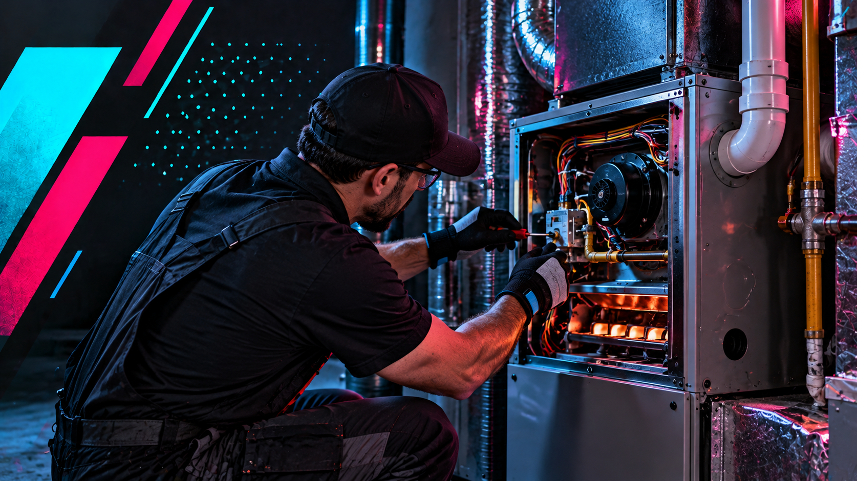 Technician inspecting an open electrical panel with glowing components in a neon-lit industrial room