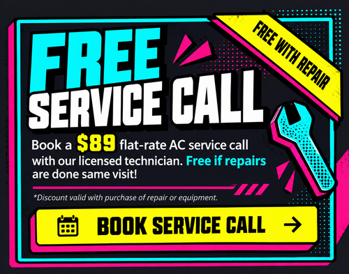 Bright neon ad for $89 AC service call with wrench and yellow “Book Service Call” button
