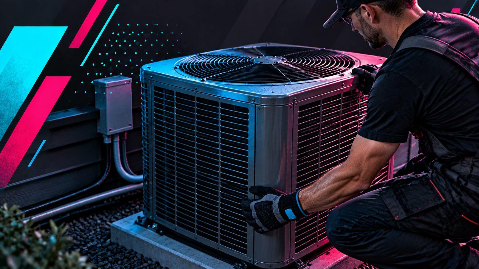 Technician installing a large industrial cooling unit with blue and pink lighting in a server room