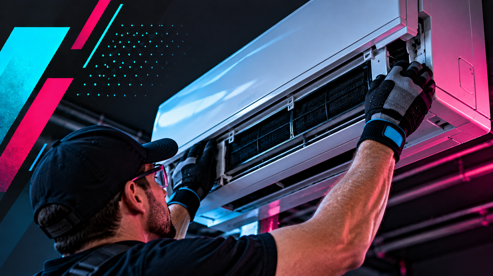 Technician installing a wall-mounted air conditioner with a screwdriver, lit by pink and blue neon light