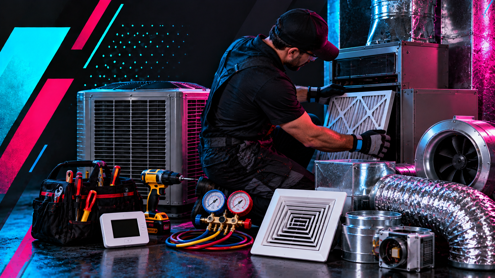 Technician inspects HVAC equipment and ductwork in a neon-lit workshop with tools and gauges
