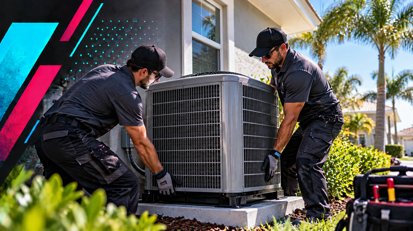 Two HVAC technicians lift an outdoor AC unit beside a house on a sunny day.