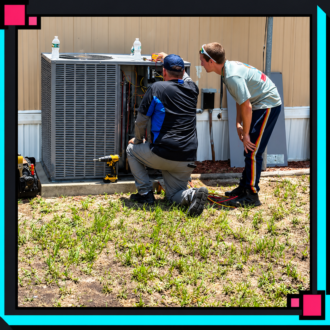 Two technicians inspect an outdoor HVAC unit beside a building in bright sunlight.