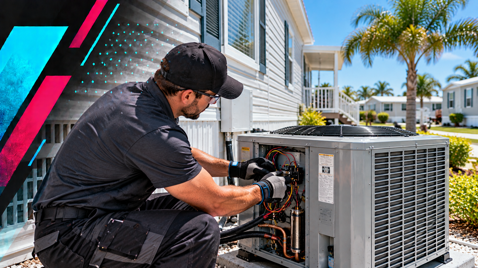 Technician inspecting an outdoor HVAC unit beside a modern building and palm trees