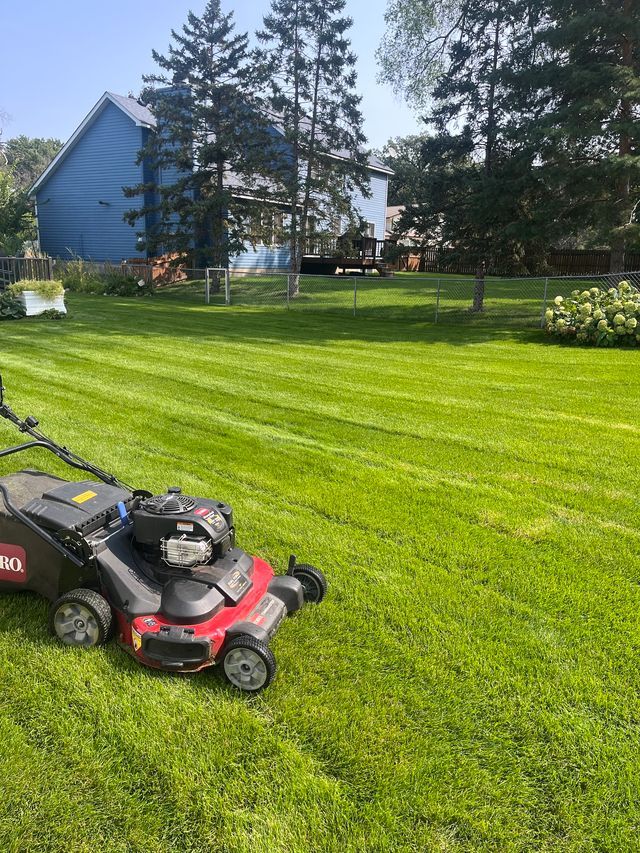 Red riding lawn mower on a neatly cut green lawn beside a blue house and tall trees