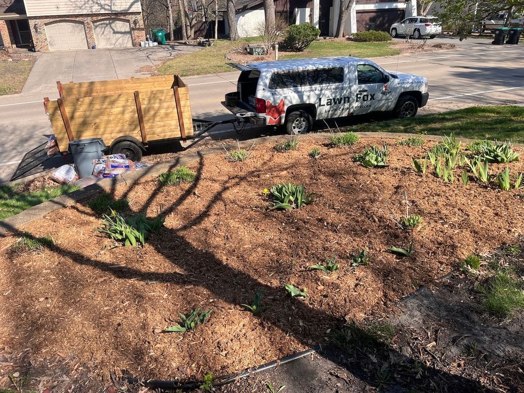 Mulch-covered front yard garden beds with small plants, a tarp, and a pickup truck parked by the street.