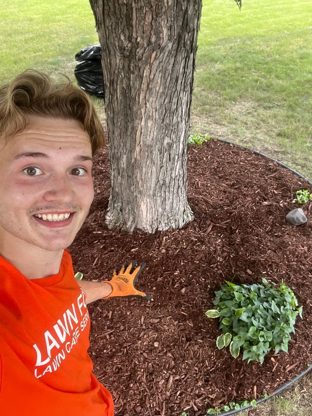 Person taking a selfie by a tree, pointing at a mulched bed with a small green plant in a grassy yard.