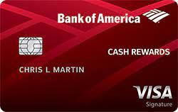 Bank of America Cash Rewards Visa credit card. Red card with name Chris L. Martin.