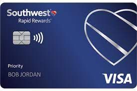 Southwest Rapid Rewards Priority Visa credit card; blue with heart logo and name 
