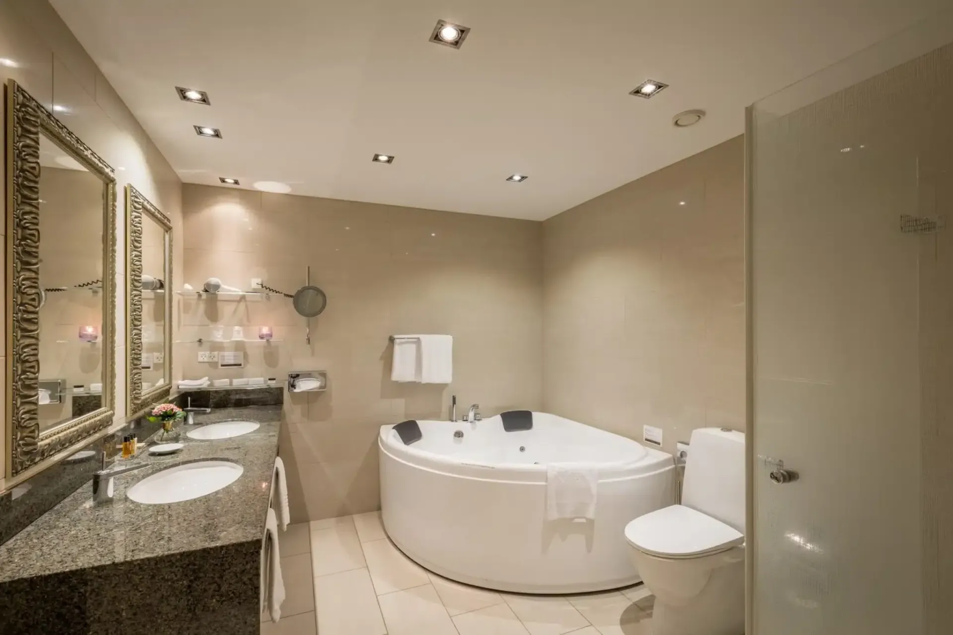 Et badeværelse med jacuzzi badekar , toilet , håndvask og spejl.
