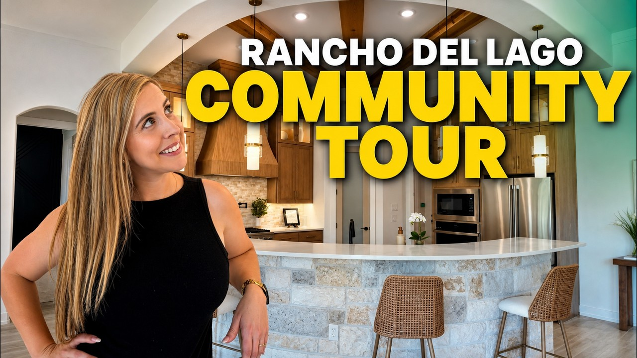 Rancho del Lago community tour thumbnail with woman in kitchen and bold title text